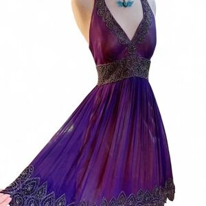 Vintage Caché purple silk beaded halter dress